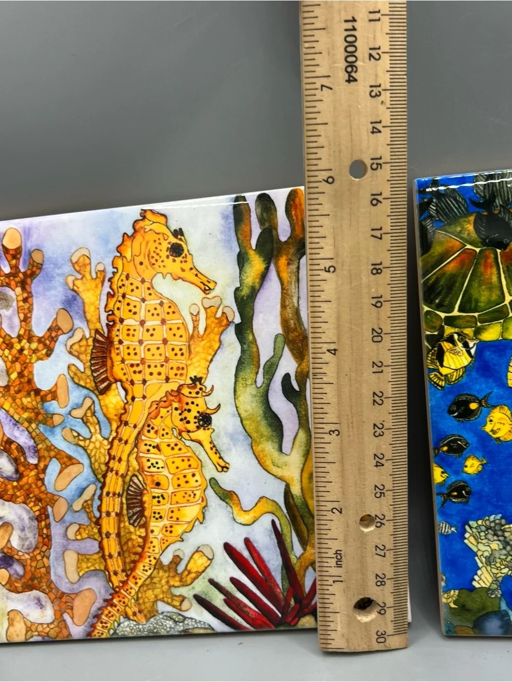 RARE CANDACE LEE Set 2 Ceramic/Cork Tiles Visions of the Tropics Turtles Hawaii
